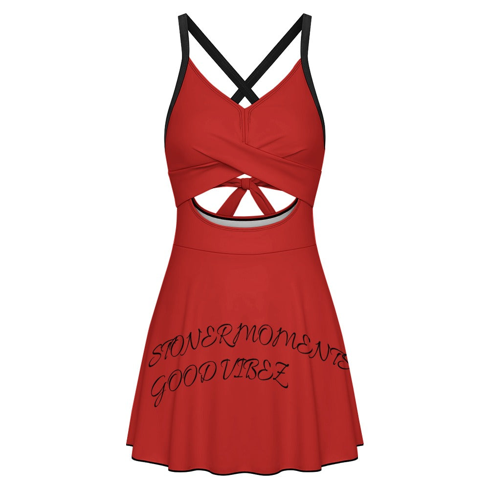 Women's hollowed-out V-neck tie-back one-piece swimsuit