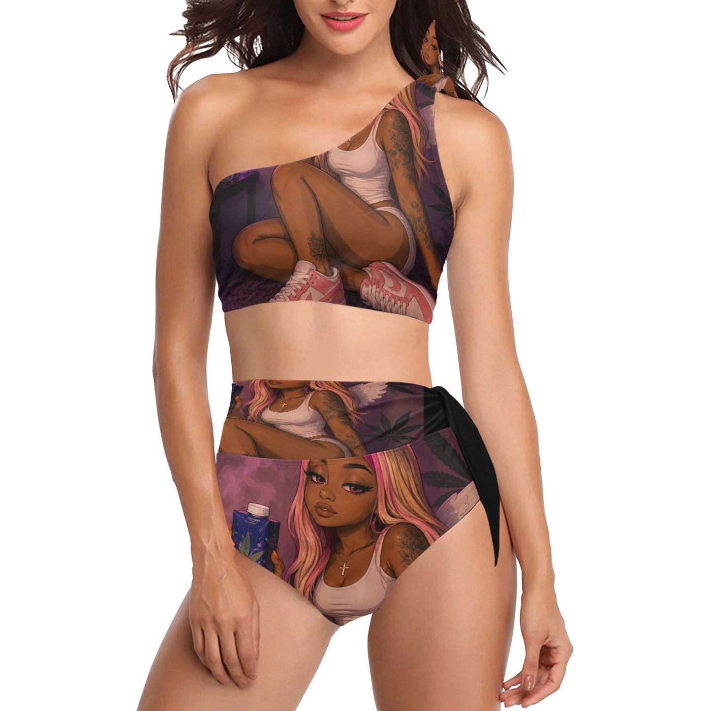 High Waisted One Shoulder stoner moments Bikini Set
